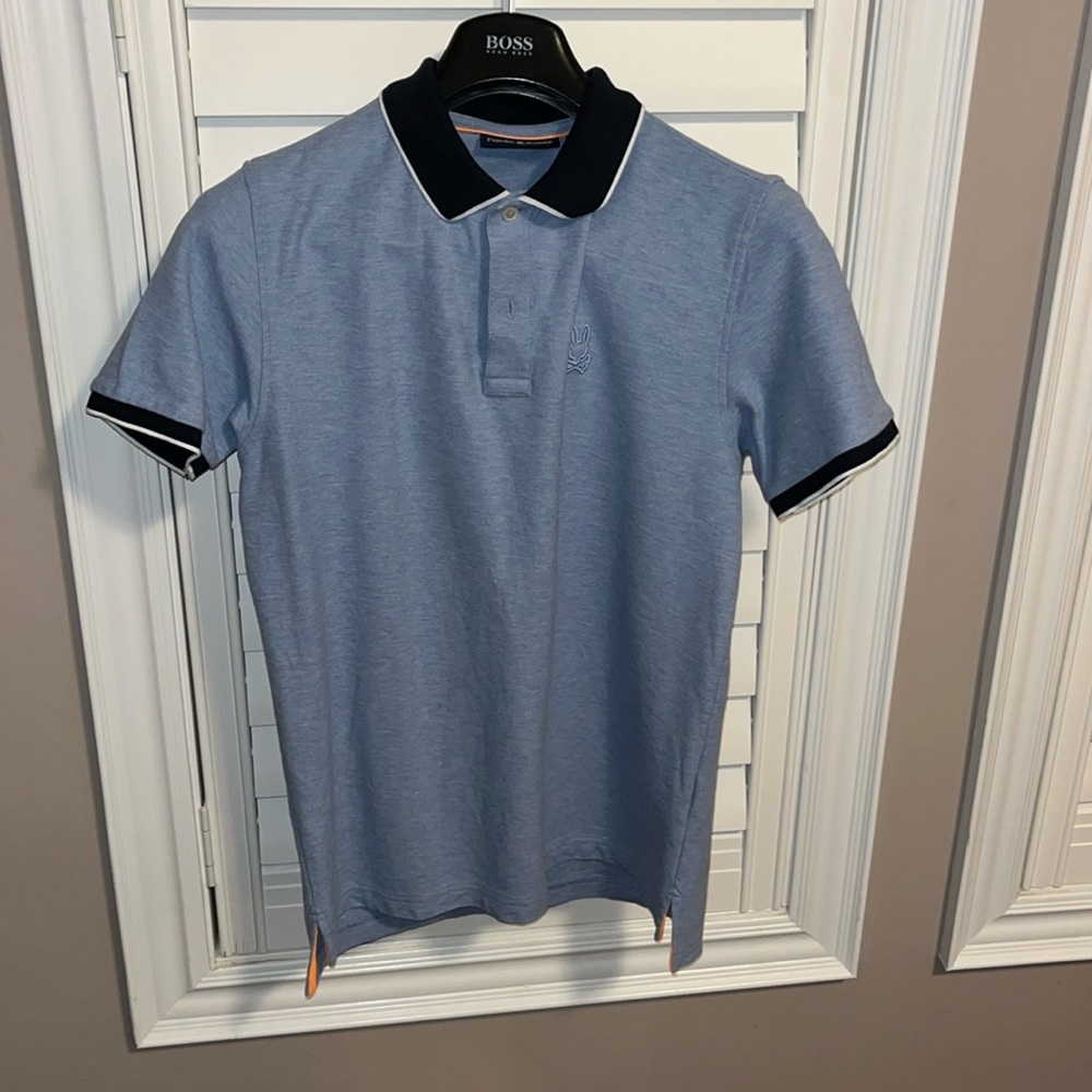 Mens Windcrest Pique Polo Shirt Size 4 (Small) Baby blue and navy blue accents